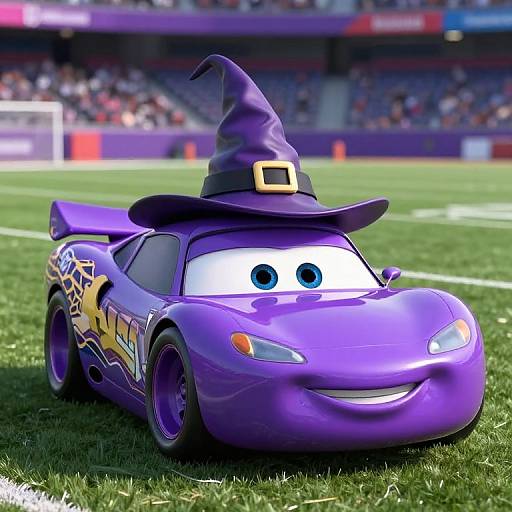 CGI image of a purple, witch-themed sports car with a grinning face, large blue eyes, and a pointed hat, on a green soccer