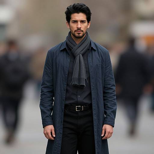 Photograph of a handsome, dark-haired man with a beard, wearing a dark blue coat, black shirt, and gray scarf, standing in a blurred