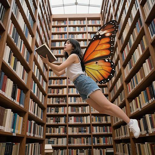 Photograph of a young woman with black hair, white crop top, denim shorts, and orange butterfly wings, flying between tall bookshelves in a