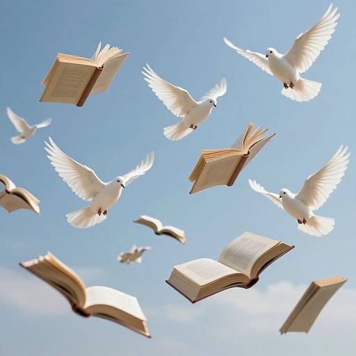 Photograph of white doves flying in a bright blue sky, carrying open books with visible text, symbolizing knowledge and freedom.