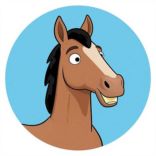 Cartoon-style digital drawing of a smiling brown horse with black mane, wide eyes, and white snout, set against a light blue circular background.