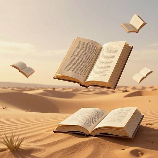 Photograph of open books floating in a desert with golden sunlight, casting shadows on the sand dunes, and three books mid-air.
