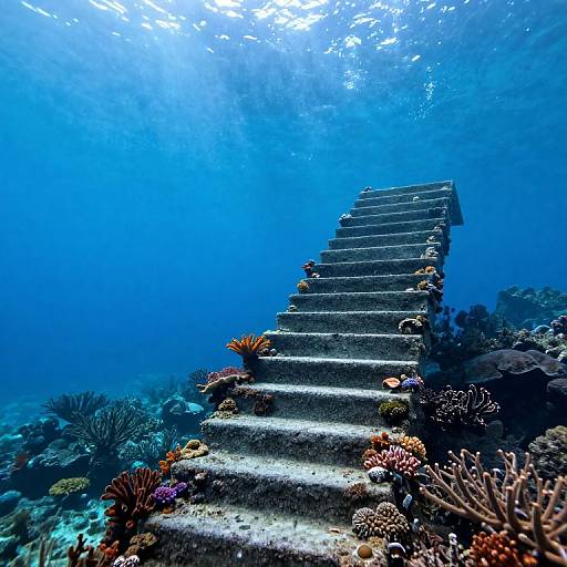 Serene Underwater Staircase with Marine Life