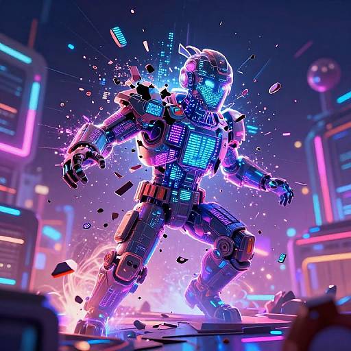 Cybernetic warrior with glowing blue and pink neon lights, surrounded by exploding debris, in a futuristic cityscape at night. CGI artwork.