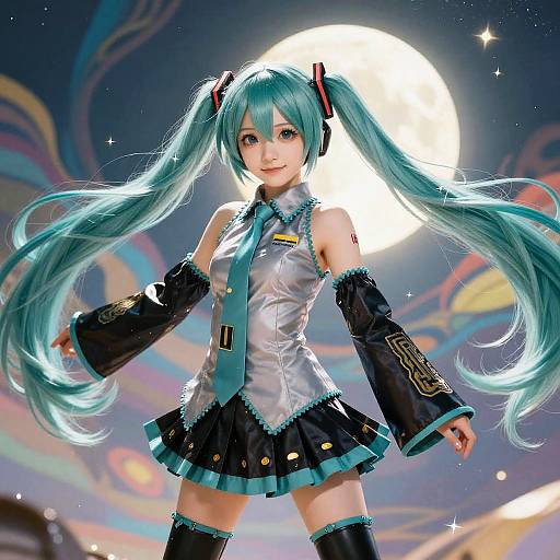 Digital artwork of Hatsune Miku with teal twin-tails, wearing a silver and black sleeveless top, teal tie, and black skirt, set