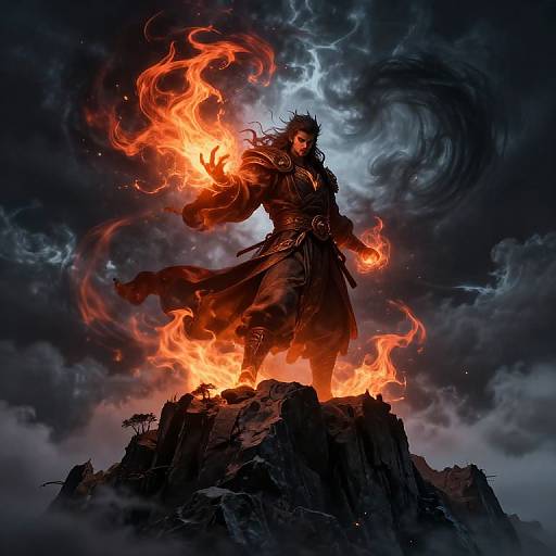 Digital fantasy artwork of a dark, fiery-robed sorcerer with glowing orange flames in his hand, standing on a rocky peak against a stormy,