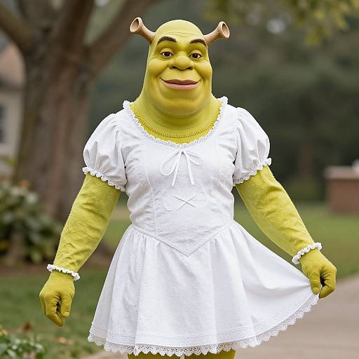 Photograph of a yellow, humanoid monster in a white, lace-trimmed dress with small horns, smiling in a garden background.