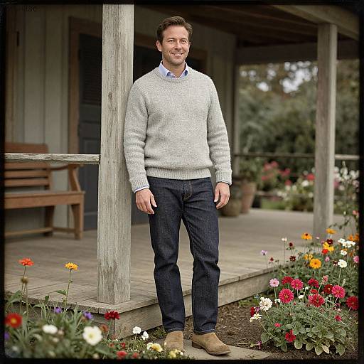 Photograph of a smiling man with short brown hair, wearing a light gray sweater, blue shirt, dark jeans, and tan boots, standing on a