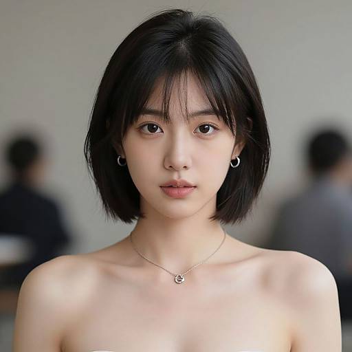 Photograph of a young Asian woman with short black hair, wearing small hoop earrings and a delicate necklace, with a neutral expression, topless, blurred
