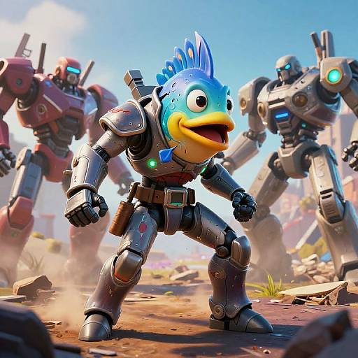 CGI image of a blue bird-headed robot with a yellow beak in a sci-fi battlefield, surrounded by red and silver mechs. Bright sunlight