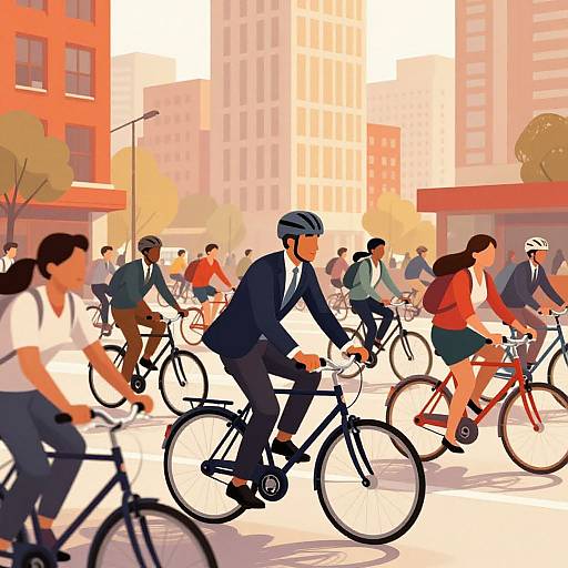 Illustration of a busy urban street scene with diverse people in business and casual attire riding bicycles, set against a backdrop of tall buildings and autumn trees.