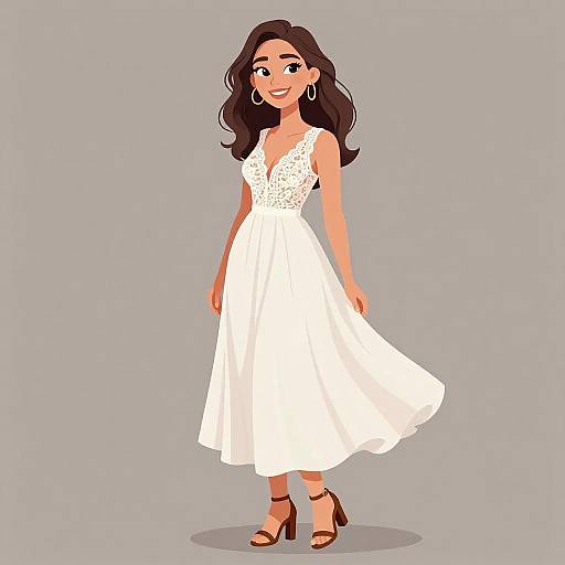 Digital illustration of a smiling woman with wavy brown hair, wearing a white lace-embellished sleeveless dress and brown high-heeled sandals,