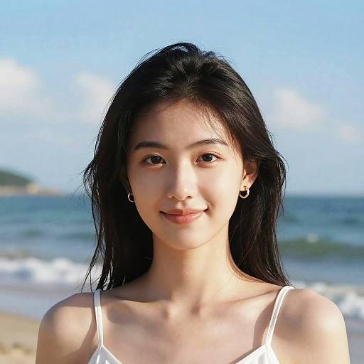 Photograph of an Asian woman with long black hair, wearing a white tank top, small hoop earrings, smiling at a sunny beach with blue sky and