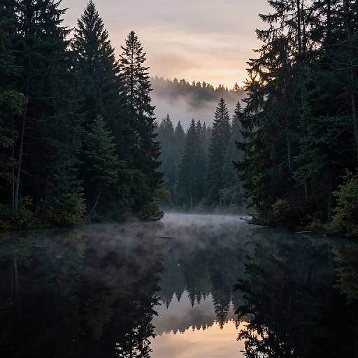 Photograph of a serene forest lake at dawn, with mist-covered water reflecting tall evergreen trees and a soft, orange-pink sky.