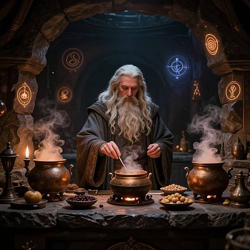 Photograph of a wise, long-bearded wizard with flowing white hair, stirring a steaming cauldron in a dimly lit, mystical stone