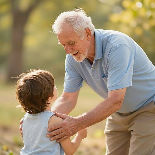 Photograph of an elderly white man with white hair and beard, wearing a light blue polo shirt, smiling and hugging a young boy with brown hair