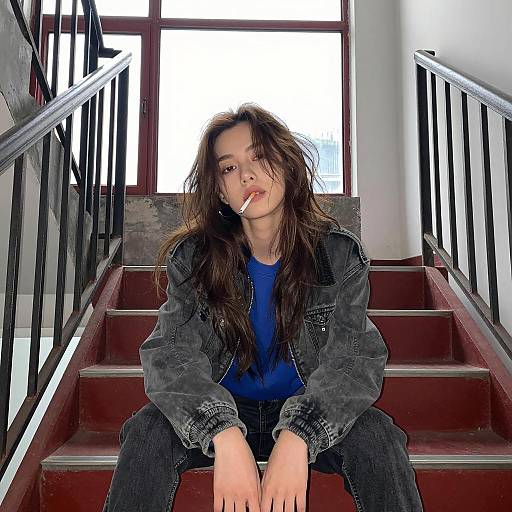 Contemplative Woman on Red Stairs