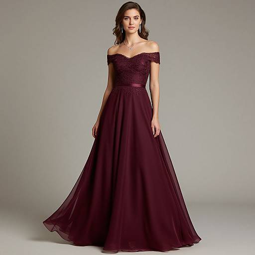 Photograph of a woman with wavy brown hair wearing an off-the-shoulder, deep purple, lace-embellished gown with a flowing