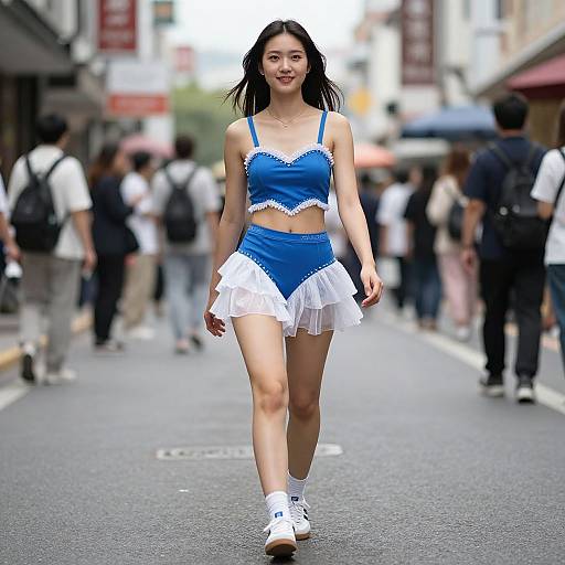 Photograph of an Asian woman with long black hair, wearing a blue crop top and white frilled mini skirt, walking confidently down a busy urban street