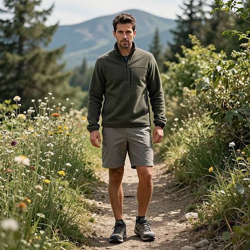 Photograph of a muscular man with dark hair and beard, wearing a dark green hoodie, gray shorts, and black shoes, walking on a sunlit