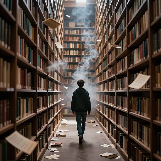 Photograph of a lone figure in a black jacket walking down a narrow library aisle, surrounded by tall bookshelves with floating books and smoke, creating