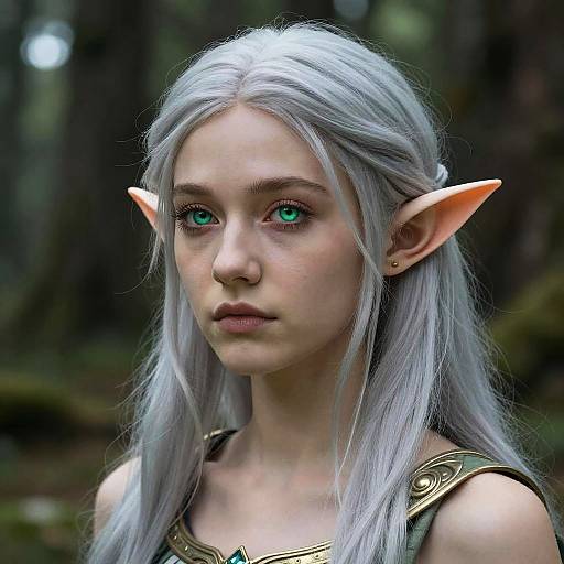 Digital artwork of a pale-skinned elf woman with long silver hair, pointed ears, green eyes, and gold armor in a forest.