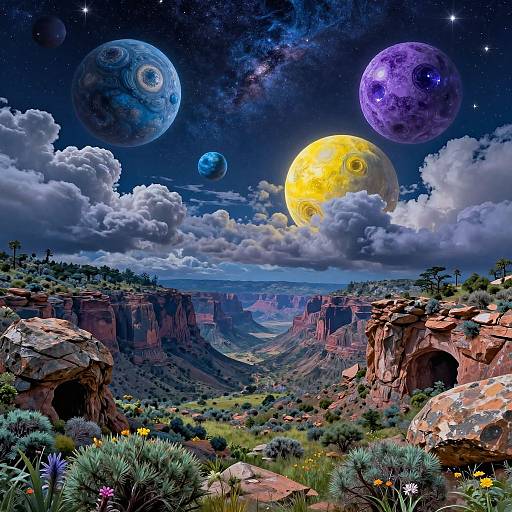 Digital fantasy artwork of a vibrant, starry night sky with three colorful, textured planets above a lush, rocky canyon landscape filled with flowers and greenery