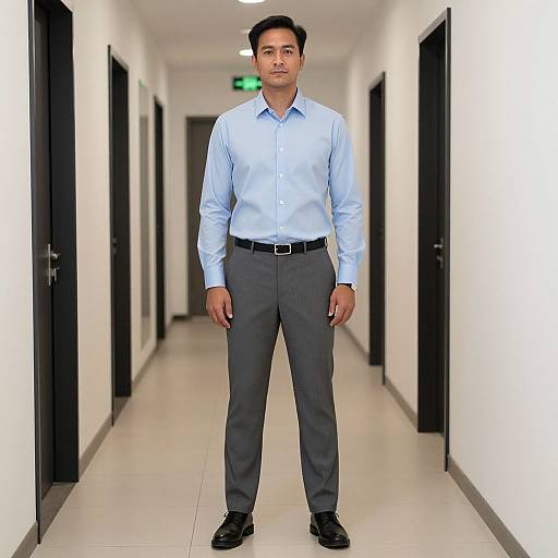 Photograph of a young Asian man with short black hair, wearing a light blue shirt, gray pants, black belt, and black shoes, standing in