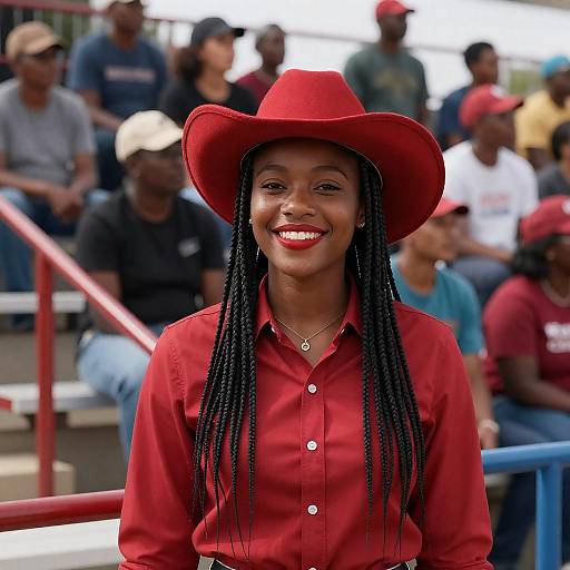 Smiling Black Woman in Red Cowboy Hat at Outdoor Event
