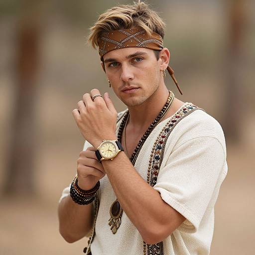 Photograph of a handsome young man with tousled brown hair, wearing a brown headband, white tunic, and gold wristwatch, standing outdoors