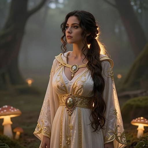 Photorealistic CGI of a beautiful, long-haired woman in an ornate white and gold medieval gown, standing in a misty forest with glowing mushrooms