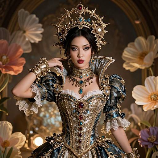 Digital artwork of a regal, dark-haired woman in an ornate, gold and blue, gem-encrusted gown, adorned with a jew