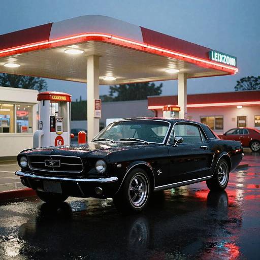 Photograph of a shiny black classic muscle car at a glowing, neon-lit gas station during a rainy evening. 