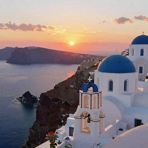 Photograph of Santorini sunset: Blue-domed white buildings with cross-shaped windows, overlooking the calm sea and rugged coastline, with vibrant orange sky