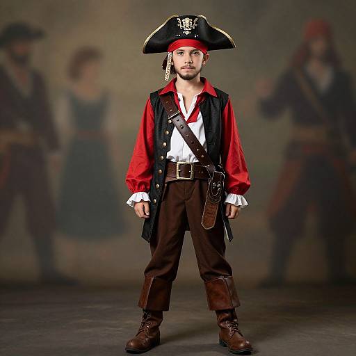 Photograph of a young boy dressed as a pirate, wearing a black tricorn hat, red shirt, black vest, brown pants, and boots,