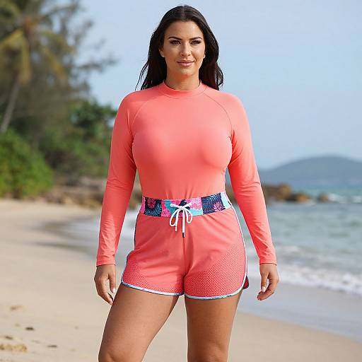 Lanky Woman in Coral Rash Guard Outfit