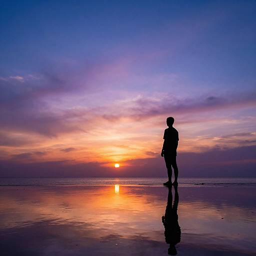 Silhouetted person stands on reflective beach at sunset, sky transitions from orange to purple, their shadow mirrored below. Photograph.