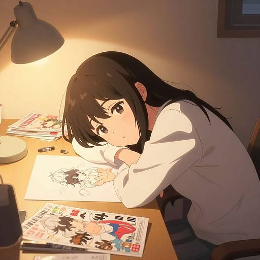 Anime-style digital drawing of a black-haired girl in a white shirt, leaning on a desk with illuminated magazines and a lamp.