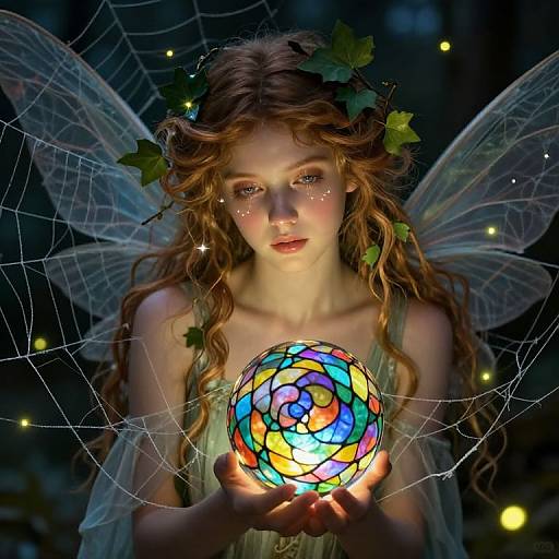 Digital art of a fairy with long, wavy brown hair, green leaf crown, translucent wings, holding a vibrant, glowing stained-glass orb,