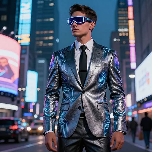 Photograph of a young man in a futuristic silver suit with neon blue patterns, black tie, and blue neon sunglasses, standing in a brightly lit,