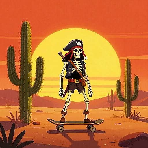 Skeletal Pirate Skateboarder at Sunrise
