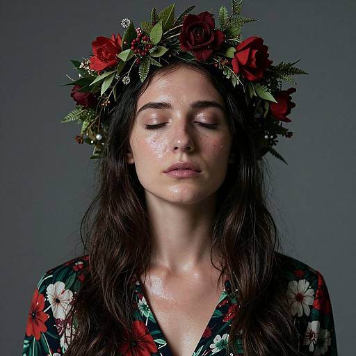 Photograph of a fair-skinned woman with closed eyes, wearing a floral head wreath, and a dark floral shirt, against a gray background.