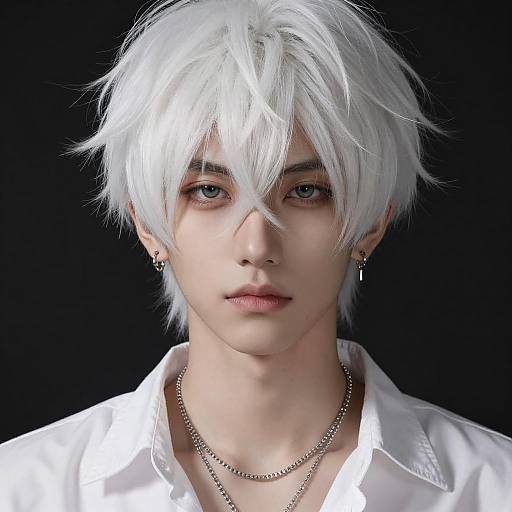 Digital portrait of a young man with white, tousled hair, pale skin, blue eyes, wearing a white shirt and silver chain necklace, against a