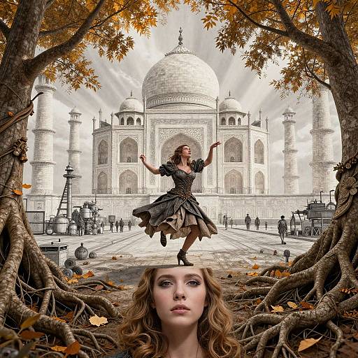 Digital art: A woman in a dark, Victorian-style dress leaps on a tree root, with an ethereal Taj Mahal backdrop, framed by autumn