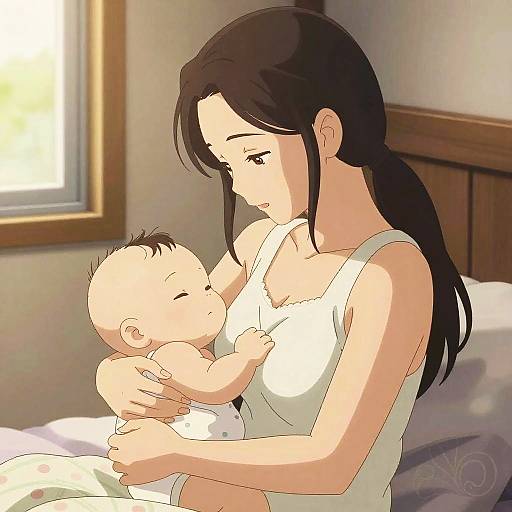 Digital anime-style illustration of a black-haired woman with a ponytail, wearing a white tank top, gently holding a sleeping baby in a white outfit,