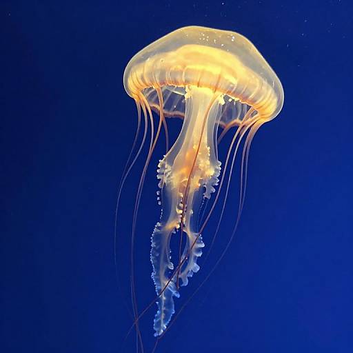 Photograph of a glowing yellow jellyfish with translucent, frilled tentacles against a deep blue ocean background, highlighting its ethereal beauty.