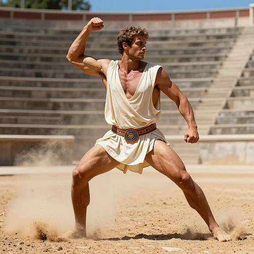 Photograph of a muscular, young man with curly brown hair, wearing a white toga and belt, flexing his right arm in a sand-filled