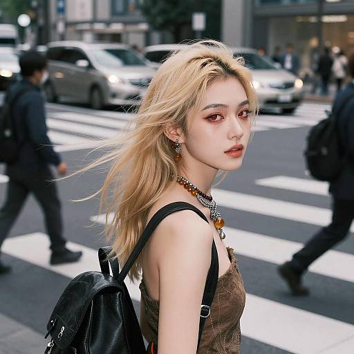 Blonde Beauty Amidst Tokyo's Hustle