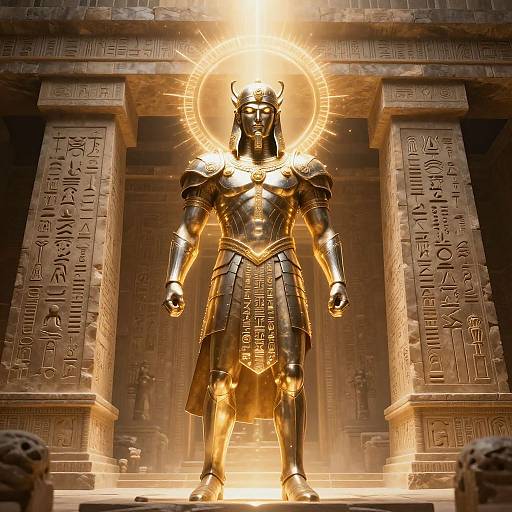 Golden, armor-clad pharaoh statue with a radiant halo, standing between ancient, hieroglyph-covered pillars in a dimly lit temple. (