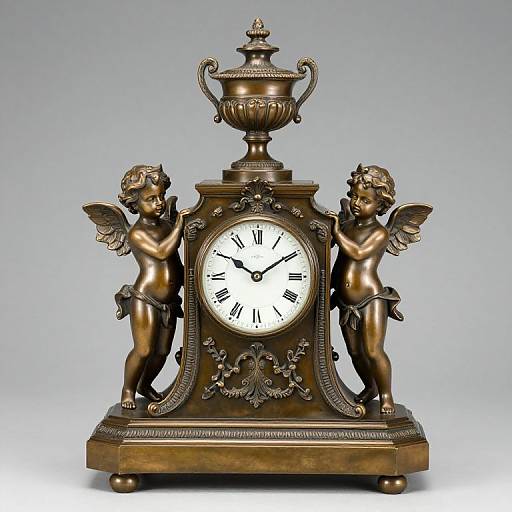 Antique bronze clock with two cherub statues, detailed ornaments, and a central clock face, set against a plain gray background.